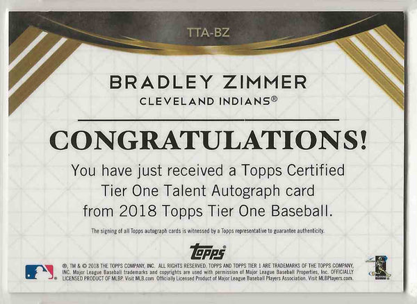 2018 Topps Tier One Talent Certified Auto Bradley Zimmer #TTA-BZ - 278/295