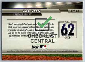 2024 Bowman Chrome Scouts Top 100  Zac Veen #BTP-62
