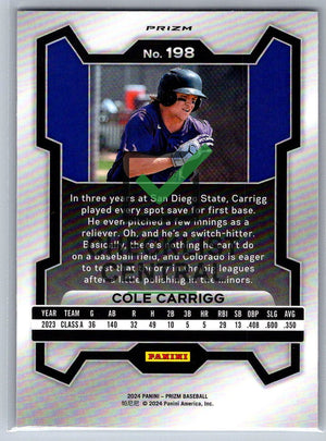 2024 Panini Prizm Prizms Pink Ice Cole Carrigg #198