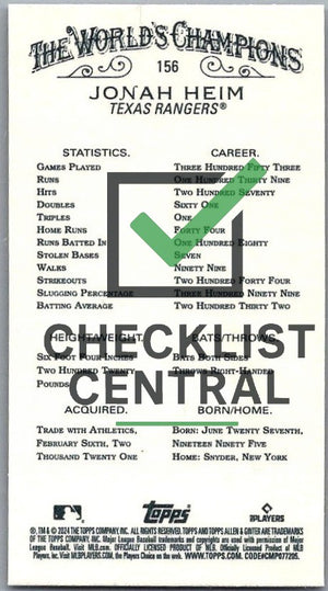 2024 Topps Allen & Ginter Mini Gold Border Jonah Heim #156