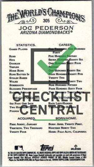 2024 Topps Allen & Ginter Mini Black Border Joc Pederson #305 SP