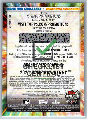 2024 Topps Home Run Challenge Code Cards Series 2 Francisco Lindor #HRC16
