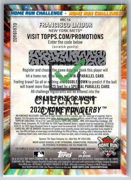 2024 Topps Home Run Challenge Code Cards Series 2 Francisco Lindor #HRC16