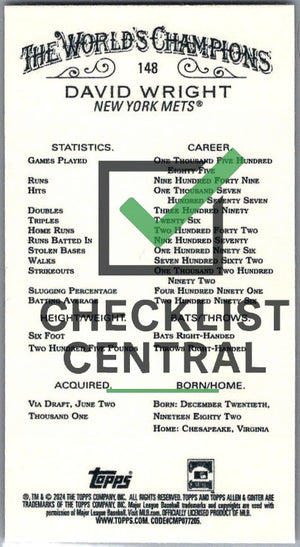 2024 Topps Allen & Ginter Mini Black Border David Wright #148
