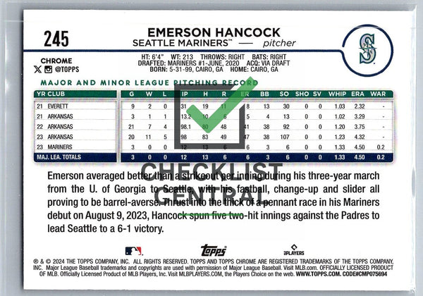 2024 Topps Chrome X-fractors Emerson Hancock #245