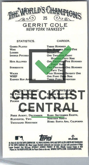 2024 Topps Allen & Ginter Mini Gold Border Gerrit Cole #25