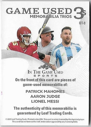 2025 Leaf ITG Memorable Trios Mahomes Judge Messi Triple Relic 1/4
