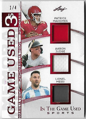 2025 Leaf ITG Memorable Trios Mahomes Judge Messi Triple Relic 1/4